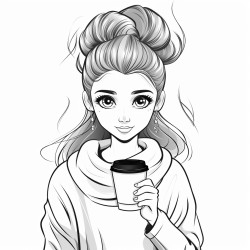 beautifull girl with hairbun and cozy shirt a coz coffee latte
