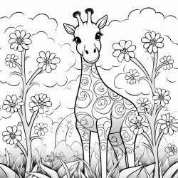 a giraffe in a garden with flowers