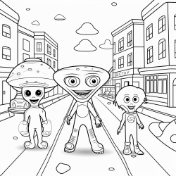 a group of aliens standing in the middle of a street