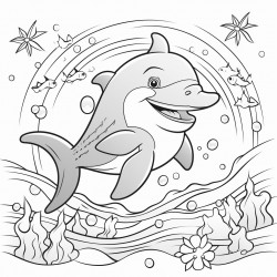 a playful scene with a dolphin jumping over waves surrounded by smiling starfish and colorful seashells