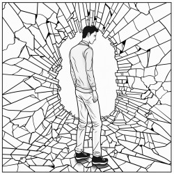 a person standing in front of a large shattered mirror