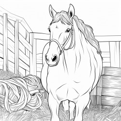 horse in a stable with hay in its mouth