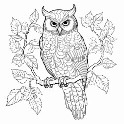 coloring page owl perched on a tree branch with leaves around no shading high details thick lines