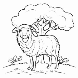 simple black and white line drawing crayon coloring page style anima style large ram turning left on his hind legs slightly facing left around large apple tree his head looking down to his right