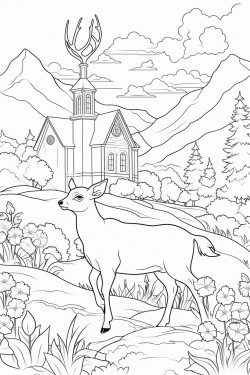 switzerland landscape with a quaint stone house surrounded by flowers and a cypress tree a deer graze in lavender fields