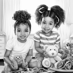 two little beautiful african american toddles with ponytails and bows playing with toys in a beautiful girly bedroom