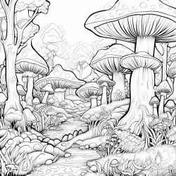 trippy magical forrest with mushrooms
