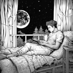 dibuja a un chico de 17 aos mirando ansiosamente a su laptop de fondo libros una ventana que muestra la noche