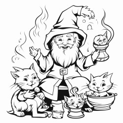 happy wizard in a room playing with cats