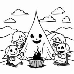 image with black lines on a white background illustrating ghosts telling scary stories around a campfire in a graveyard for coloring in large basic shapes coloring book style no solid fill large white space for easy coloring ideal for kids enhanced line clarity