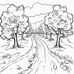 apple orchard on both sides of a road