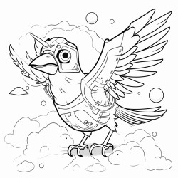 a bird with robotic parts flying through the clouds