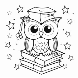a wise owl with a graduation cap sitting on a stack of books under a starry sky