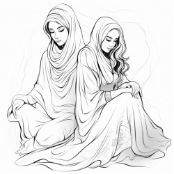 2 beautiful hijabi girls wearing flowing dresses sitting one girl has her head on the other girls shoulder
