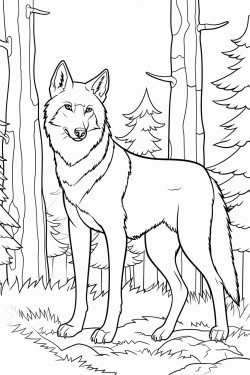 red wolf standing alert in a wooded area showcasing its reddishbrown fur and piercing eyes surrounded by pine trees