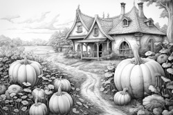 filligree fairy tale hause surrounded by pumpkins in the field