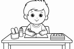 a little boy coloring on a table with many colors