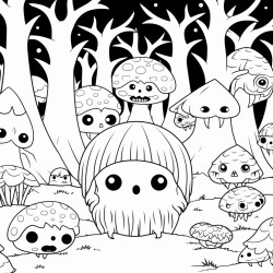 a kawaii character lost in a  spooky forest filled with strange creatures