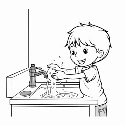 a kid rubbing and washing his hands under the tap water image should be black and white
