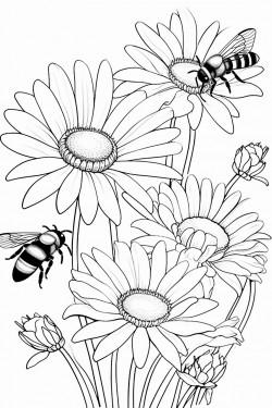 honey bees buzz among the daisy flowers