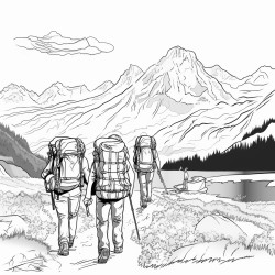 people carrying large backpacks and guns walking in alaska towards a mountain in the background