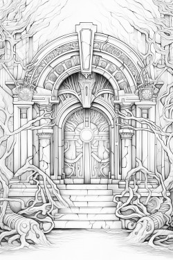 a magical doorway surrounded by swirling mist and ancient runes
