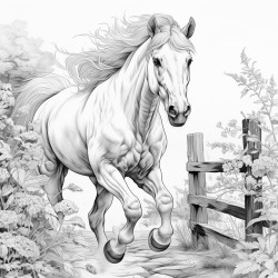 horse jumping over a fence in a forest on a pathway
