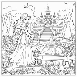 the princess exploring a magical garden filled with flowers and fountains