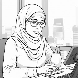 a muslim woman wearing hijab and glasses at the office desk answering the phone