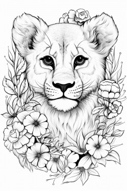 baby lion with flowers