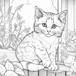 a cute kitten sitting outside her house