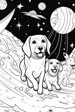 coloring page black lines line art no colors retro scene of dogs floating in space chasing bones white background