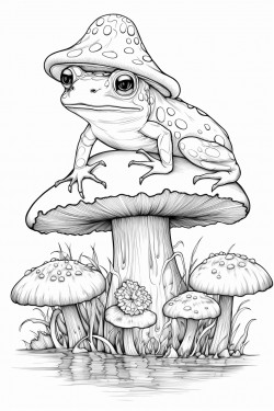 a frog sitting on a mushroom at the edge of a garden pond