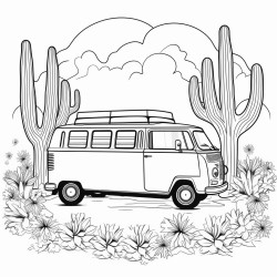 a van surrounded by cactus trees