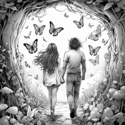 short heavyset young woman with long hair and tall slender younger teenage  brother with shoulder length hair walking through a tunnel of butterflies