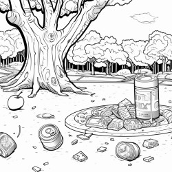 zoomed out picture of a park with 4 pieces of garbage hidden around the park an apple core old boot used pop can and candy wrapper