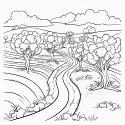 apple orchard on both sides of a road