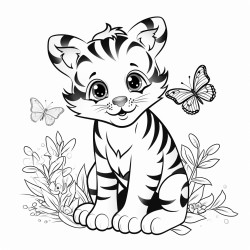 cute tiger with flowers and butterflies