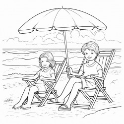 kids at the beach with their supplies by their chair under a umbrella