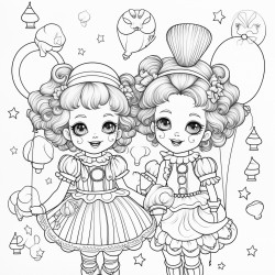 kawaii clowns with balloons and presents rainbows