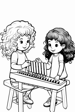 two 14 year olds girls one with curly hair and the other with straight hair playing the xylophone