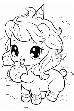 baby chibi unicorn eating apples in the park