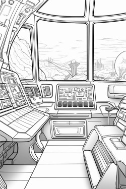 space ship cabin with screens with desk space futuristic detail