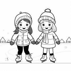 simple childrens coloring page with continuous thick lines and with no greyscale no background and no shading of 2 kawaii children ice skating on a frozen pond wearing santa hats