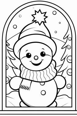 christmas snowman outside the window and behind the christmas tree