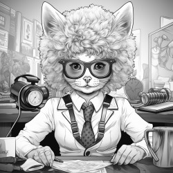 female anthropomorphic rabbit with an afro works in an office