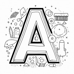 large letter a in background minimal details black and white coloring book style