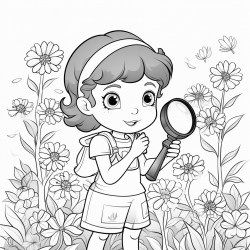 little girl looking through a magnifying glass at flowers all around her