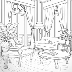 art deco living room tall windows floral curtains