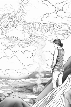 person on a hilltop breathing deeply with swirls of clean air and a fading puff of smoke in the background